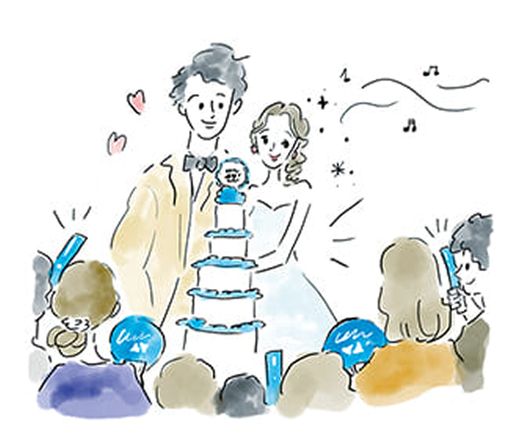 こだわりのウェディングケーキでケーキカットのイラスト