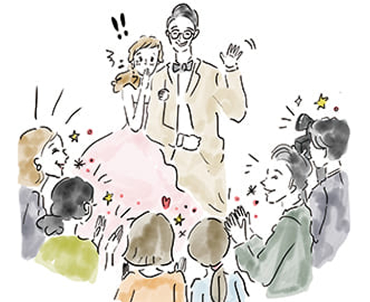 フォトウェディングで友人たちを招いてサプライズのイラスト